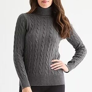 St. John's Bay $48 Small‎ Charcoal Gray Cable Knit Turtleneck Pullover Sweater